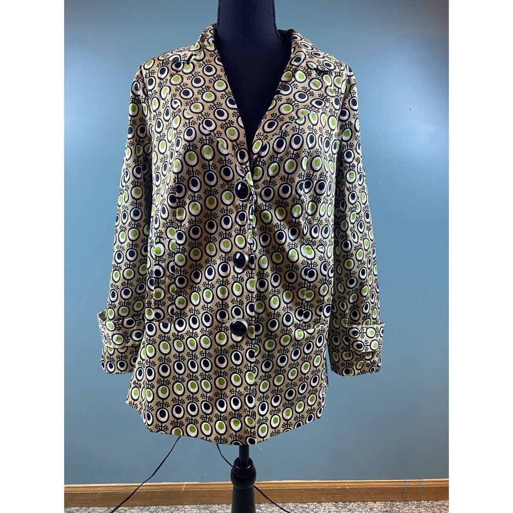 Retro Atomic Geometric Print Blazer‎ Jacket Tan Green Black Notched Lapel Mod